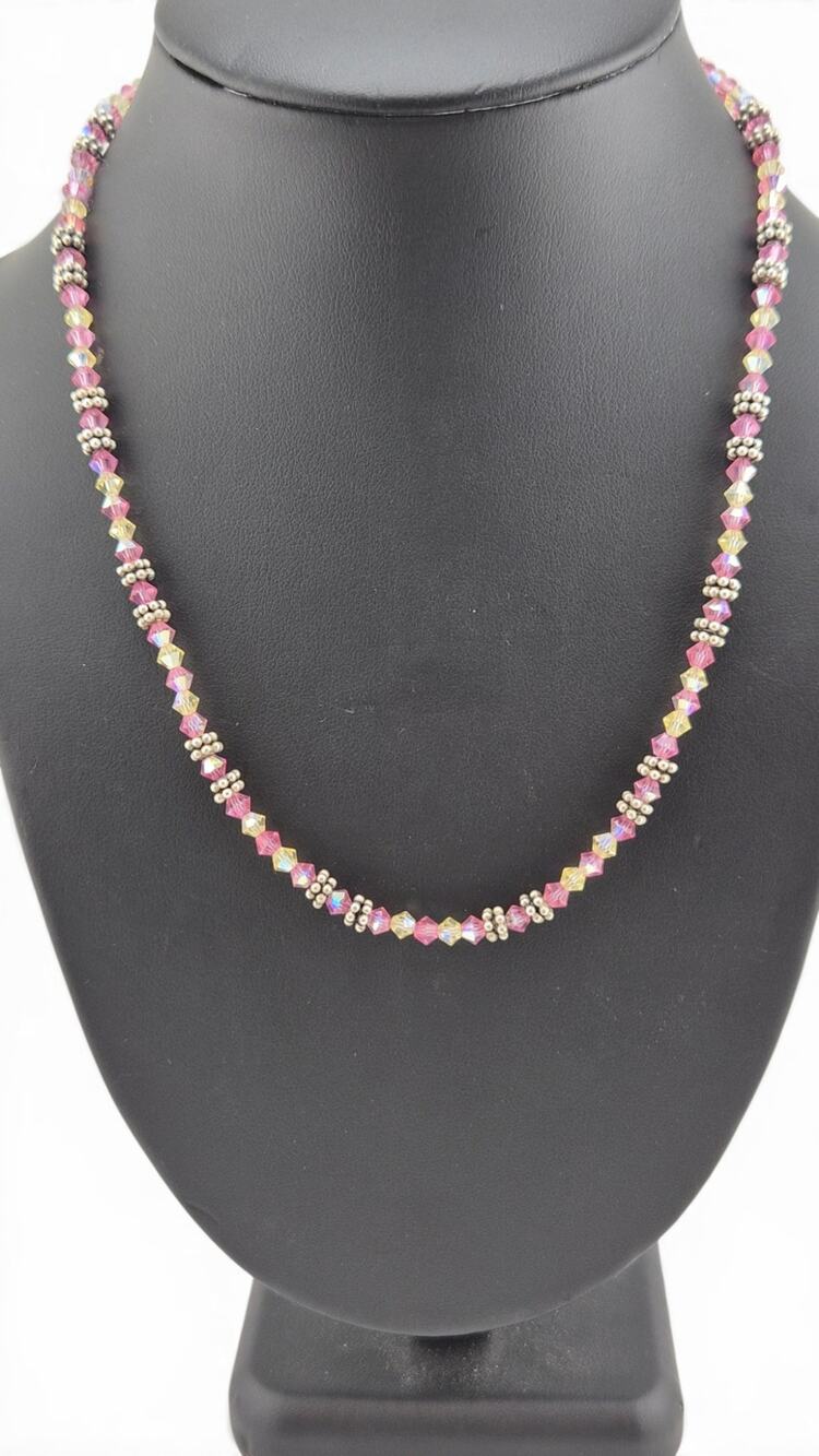 Elyse Ryan 925 Sterling Silver Pink AB Crystal Necklace Thailand Signed 18.25"